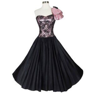 Vintage 80s Pink Metallic Black Floral Lace Full Skirt Prom Gown Party Dress M